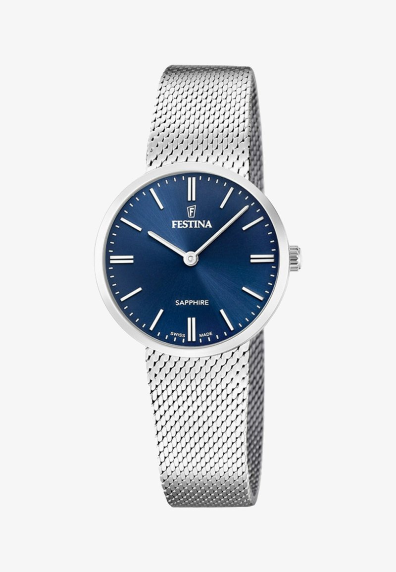 Festina-Uhr mit blauem Zifferblatt, silbernem Edelstahl-Mesh-Armband, minimalistischen weißen Stundenmarkierungen und Saphirglas. Schlichtes Design.