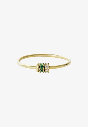 Anillo de oro con una banda lisa que presenta dos secciones decorativas: una con piedras verdes y otra con piedras transparentes, creando un acento.