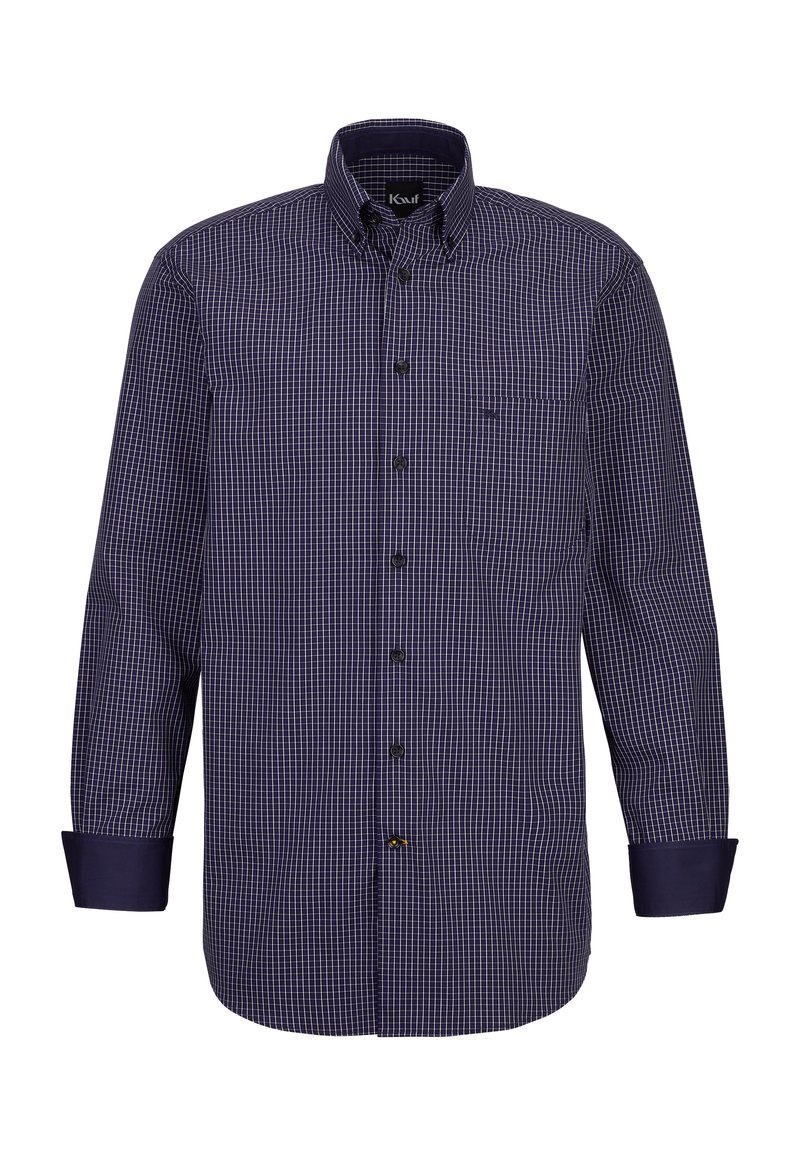 Marineblau- und weißkariertes Hemd mit langen Ärmeln, button-down Kragen und Brusttasche. Verfügt über kontrastierende Manschetten und dezente Logodetails.