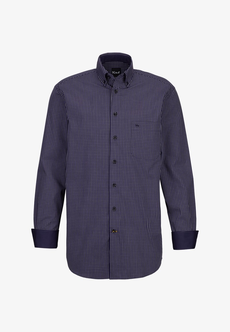 Camicia a quadri navy e bianca con maniche lunghe, colletto button-down e taschino sul petto. Presenta polsini a contrasto e un dettaglio logo discreto.