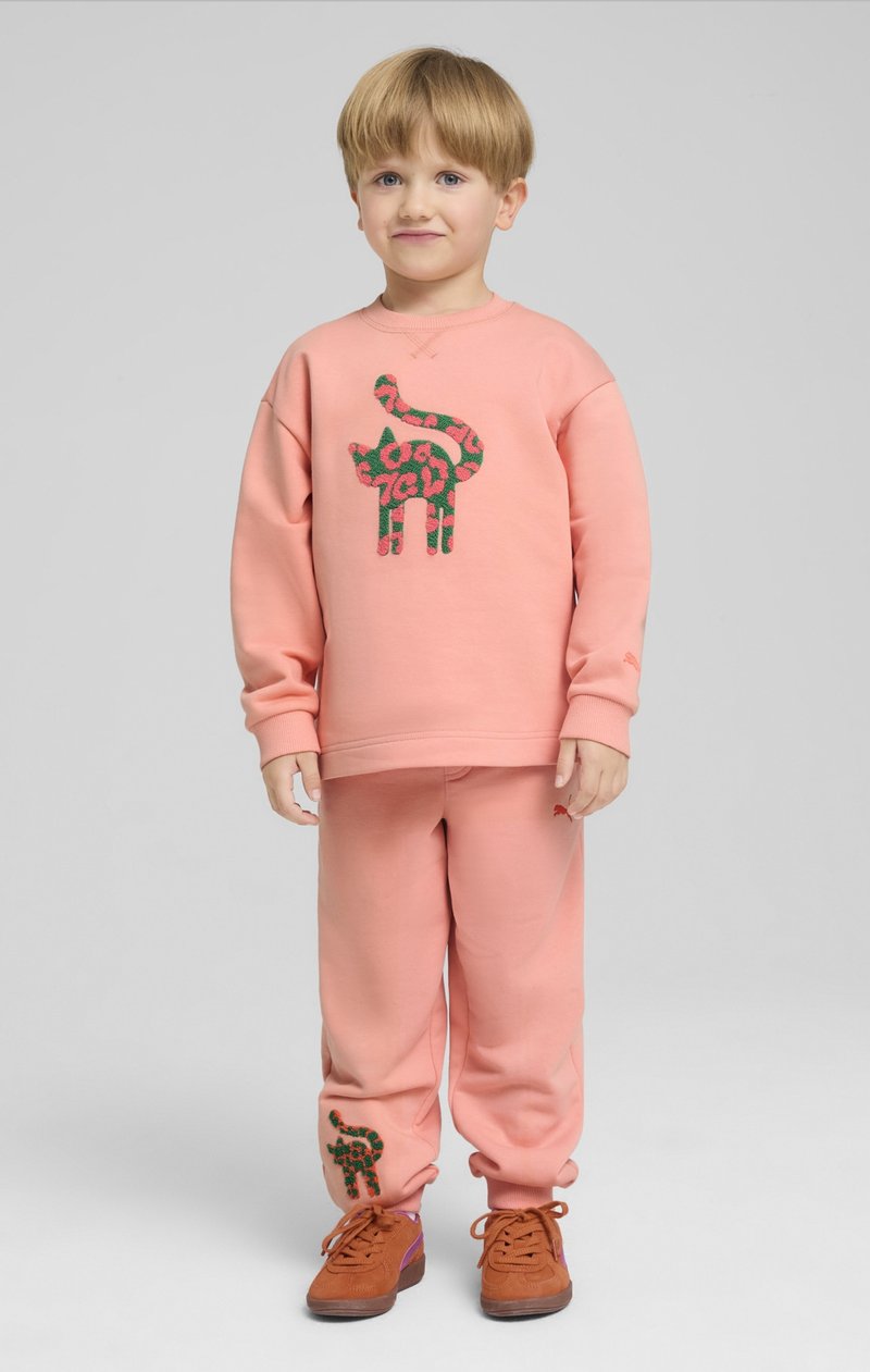 Conjunto de sudadera y pantalones de chándal rosa con un diseño texturizado de gato verde y floral en la parte delantera y lateral. Zapatos marrones con detalles morados.