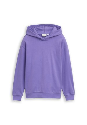 Fioletowa bluza z kapturem i długimi rękawami, z prążkowanymi mankietami i ściągaczem, pokazana na płasko na białym tle.