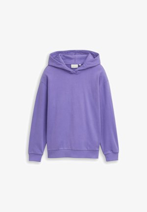 Sweat à capuche violet à manches longues avec poignets et ourlet côtelés, présenté à plat sur un fond blanc.