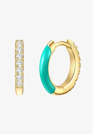 Gold hoop earrings featuring a turquoise enamel segment and a row of clear crystals. Textured accents adorn the outer edges.