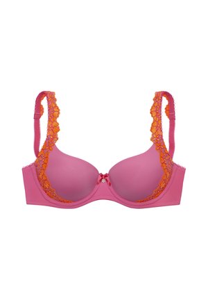 Pink padded bra with underwire, featuring orange floral lace on straps and cup edges, and a small central bow with a decorative gem.