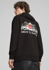 Sudadera negra con capucha que presenta un gráfico de un coche de Fórmula 1 y el texto "FORMULA 1 DRIVE TO SURVIVE" en la parte posterior. Tejido suave con un corte relajado.