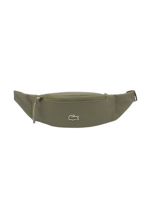 Olive green fanny pack made of durable fabric, featuring a smooth texture, zipper closure, and a small embroidered logo on the front.