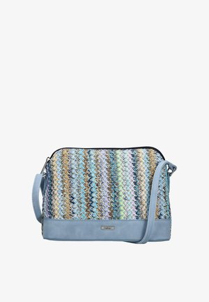 Gewebte Mehrfarben-Handtasche mit einem glatten blauen Lederboden, ausgestattet mit einem Reißverschluss und einem verstellbaren Schulterriemen.