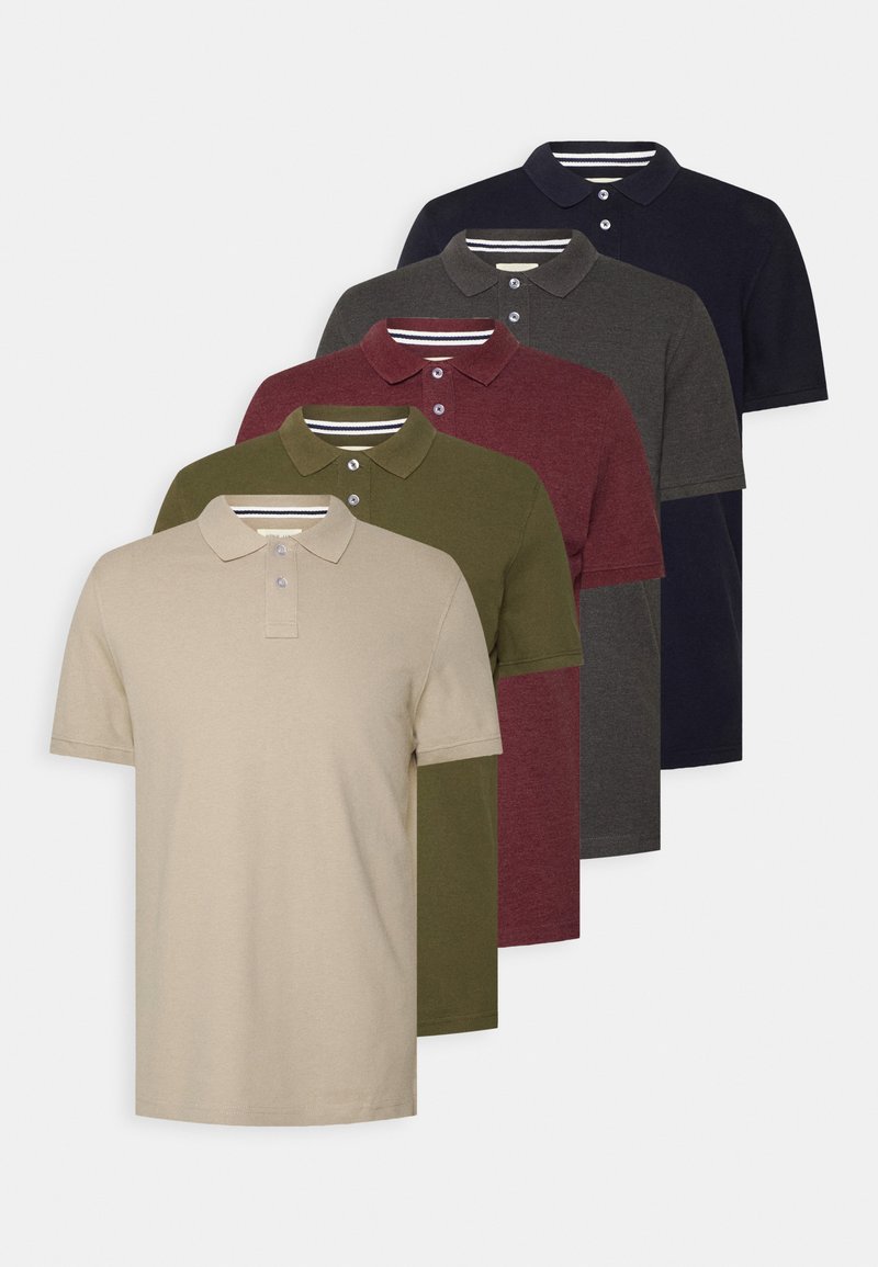 Five short-sleeve polo shirts in beige, maroon, olive, dark gray, and navy, each with a classic collar and two-button placket.