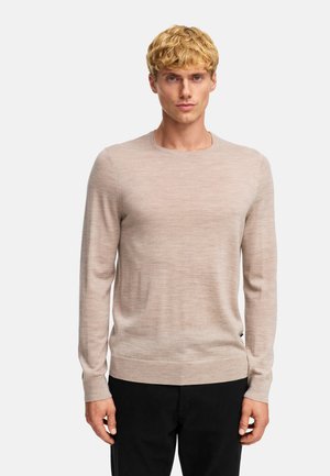 Beige langærmet sweater lavet af letvægtsstof. Har rund hals, lige pasform og ribbede ærmer med en subtil struktur.