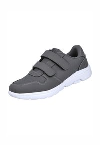 Zapatos deportivos grises con diseño de malla, con dos correas ajustables de velcro y suela de goma blanca. Punta redondeada y cuello acolchado.