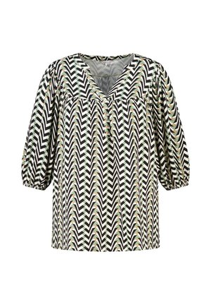 Losse blouse met zwart, beige en groen chevronpatroon, V-hals, driekwart opgeblazen mouwen en drie knopen aan de voorkant.