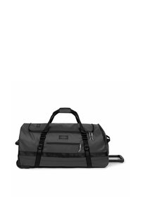 Große, dunkelgraue Sporttasche mit glatter Nylon-Oberfläche. Verfügt über einen teleskopierbaren Griff, Rollen und verstellbare Träger. Reißverschlussöffnungen an den Seiten.