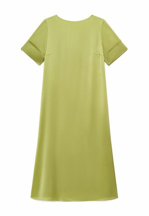 Robe midi en satin vert clair avec manches courtes et encolure ronde, vue de dos sur fond blanc.