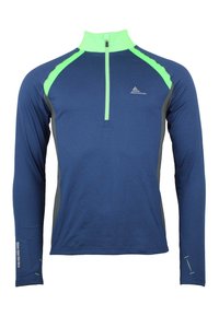 Haut d'entra înement à manches longues en bleu marine avec des accents vert néon. Comprend un col zippé à mi-hauteur, des panneaux latéraux texturés gris et des détails réfléchissants sur les manches.