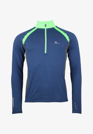 Haut d'entraînement à manches longues en bleu marine avec des accents vert néon. Comprend un col zippé à mi-hauteur, des panneaux latéraux texturés gris et des détails réfléchissants sur les manches.