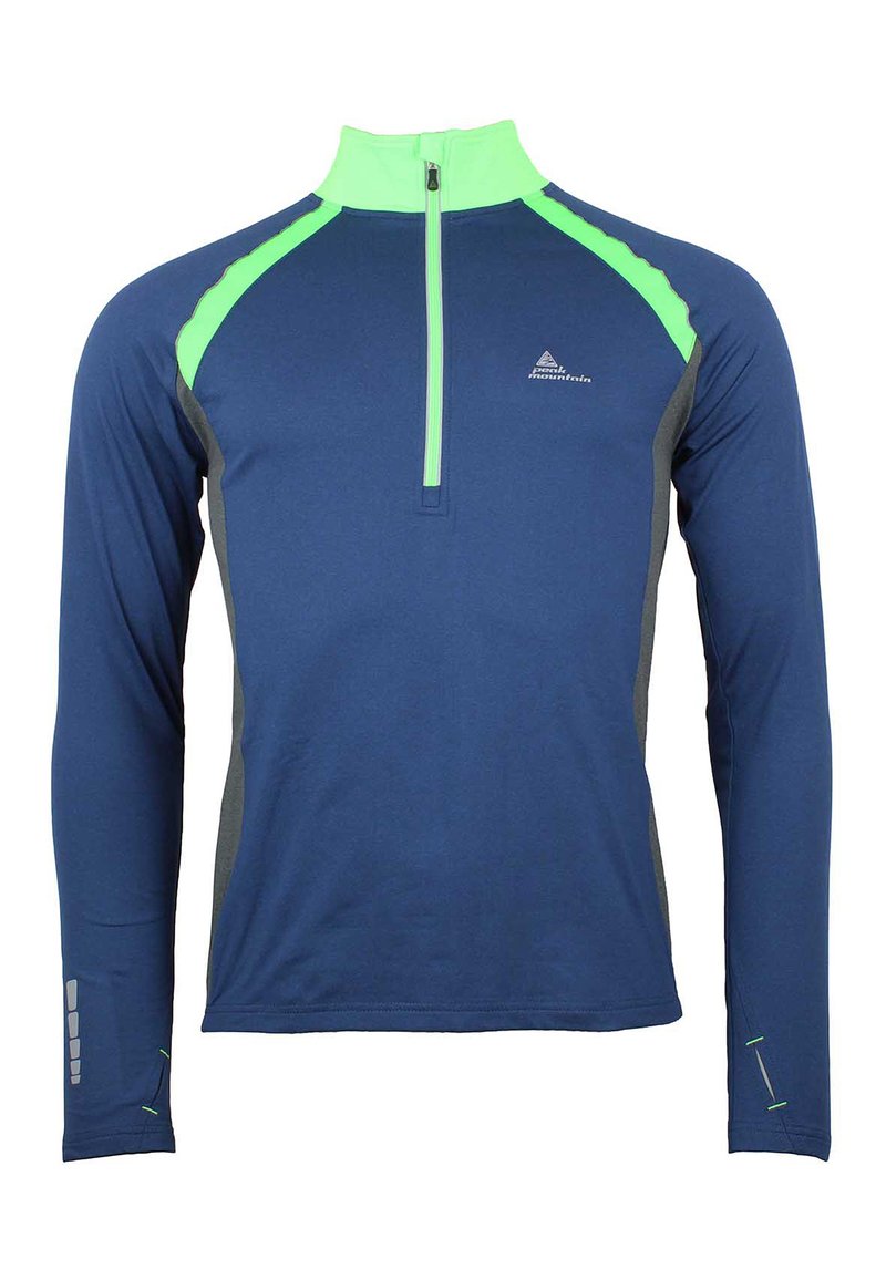 Haut d'entraînement à manches longues en bleu marine avec des accents vert néon. Comprend un col zippé à mi-hauteur, des panneaux latéraux texturés gris et des détails réfléchissants sur les manches.