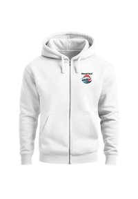 White zip-up hoodie with front pockets, drawstring hood, and small red and blue wave logo with "Neverless" text on chest.