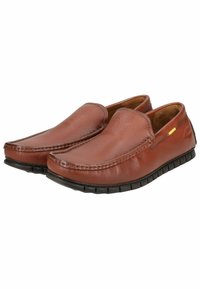 Brown leather slip-on shoes with a smooth finish, rounded toe, contrasting stitching, and a flexible black rubber sole.