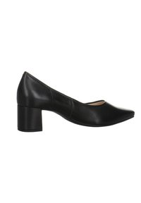 Black leather pump shoe with a pointed toe, mid-block heel, smooth texture, and simple stitched detailing along the side.