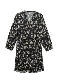 Czarna sukienka w floralny wzór w białym kolorze, długie rękawy, dekolt w kształcie V oraz pasek w talii. Wykonana z lekkiej tkaniny, cechuje się zwiewnym krojem.