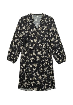 Schwarzes Kleid mit floralem Muster in Weiß, lange Ärmel, V-Ausschnitt und tailliertem Gürtel. Aus leichtem Stoff gefertigt, zeichnet sich durch ein fließendes Design aus.