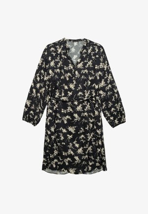 Robe noire avec motif floral blanc, à manches longues, décolleté en V et taille ceinturée. Fabriquée en tissu léger, elle présente un design fluide.