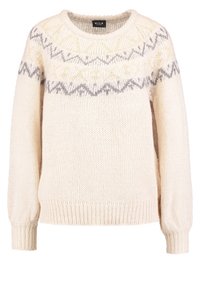 Krämfärgad stickad tröja med rund halsringning, med ett geometriskt mönster i grått och gult längs toppen. Ribbad mudd och nederkant.