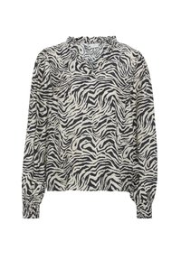 Langärmlige Bluse im schwarz-weißen Zebra-Druck. Mit einem Rüschenausschnitt und elastischen Bündchen. Aus weichem Stoff mit lockerer Passform.