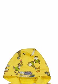 Gul bomullshuva med ett fantasifullt djurtryck som föreställer katter, höns och godsaker. Mjuk tyg med en slät textur.