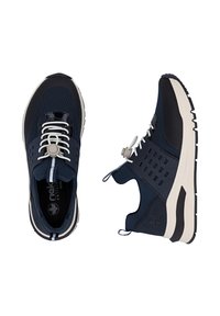 Navy athletic shoes with a textured mesh upper, elastic laces, and a cushioned sole. Features a logo and contrasting gray accents.