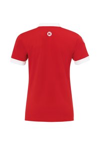 Polo rosso con colletto bianco e accentuazioni sulle maniche. Presenta un logo sulla schiena e un tessuto liscio e traspirante.