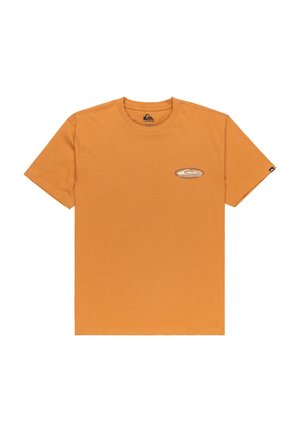 Orange short-sleeve crewneck t-shirt with small Quiksilver logo on left chest and a small black tag on left sleeve.