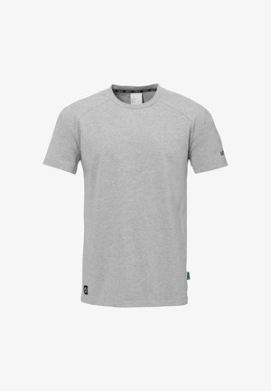 Grå kortærmet t-shirt lavet af blød bomuld. Har en rund halsudskæring, raglanærmer og en lille logo-detail på venstre ærme.