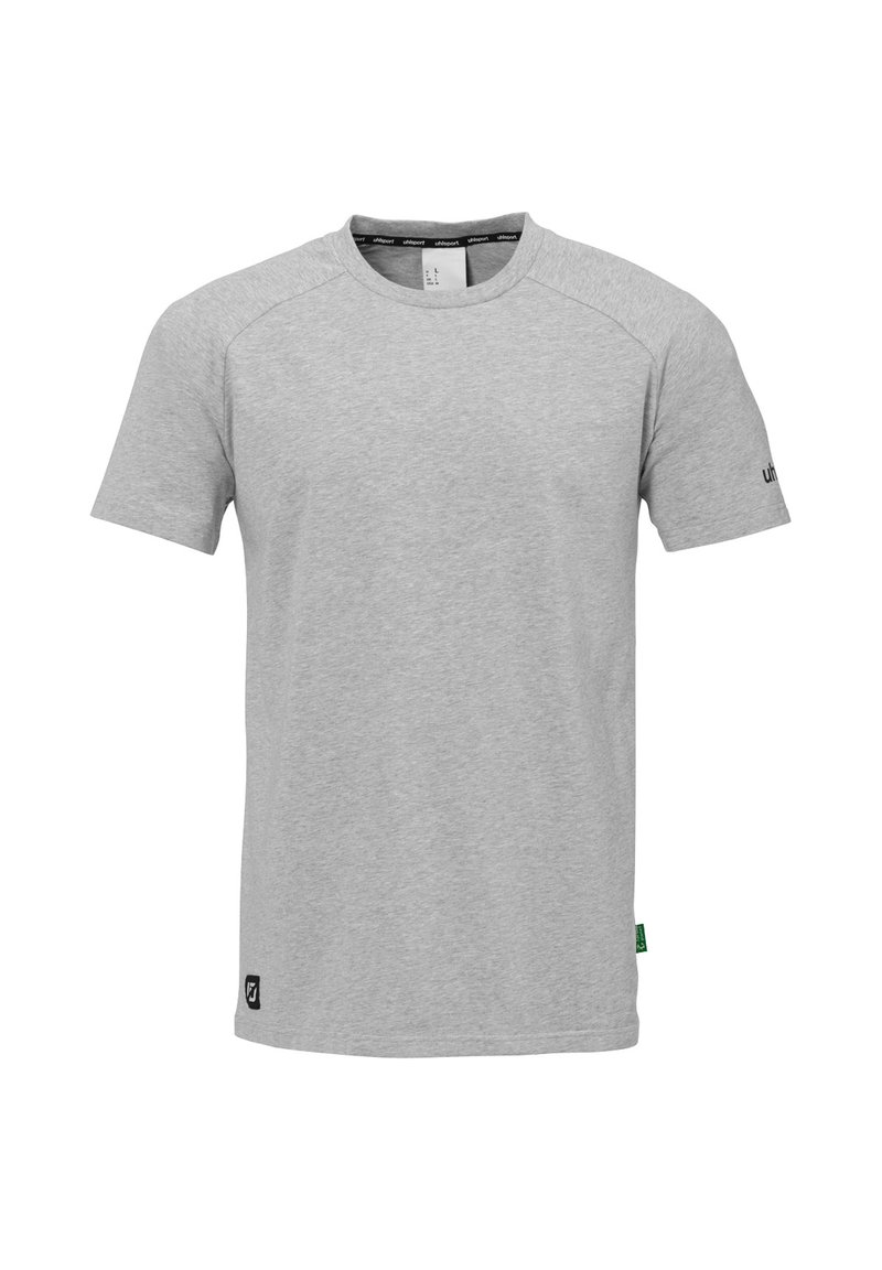 Grå kortærmet t-shirt lavet af blød bomuld. Har en rund halsudskæring, raglanærmer og en lille logo-detail på venstre ærme.