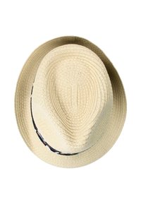 Bež slamnati fedora hat z teksturiranim tkanjem, ki ima črno-belo patterned trak okoli baze. Klasična oblika z rahlo ukrivljenim robom.