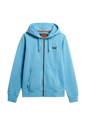 Lichtblauwe zip-up hoodie met een voorrits, twee zakken, ribbelmanchetten en subtiele logo-embroidery op de borst.