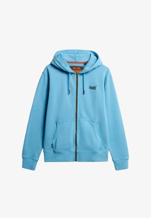 Lichtblauwe zip-up hoodie met een voorrits, twee zakken, ribbelmanchetten en subtiele logo-embroidery op de borst.