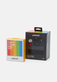 Polaroid Now Instant Camera in black, with a colorful stripe. Accompanied by yellow box of Color i-Type Film for 16 instant photos.