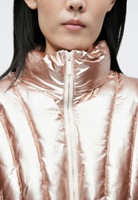 Rózsaarany steppelt kabát fényes felülettel, magas gallérral és teljes hosszúságú elülső cipzárral. Varrással tagolt részek a szigetelés érdekében.