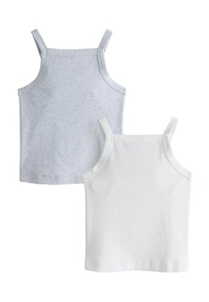 To ærmeløse tanktops, én lysegrå og én hvid, arrangeret med den grå top lidt bag den hvide top på en hvid baggrund.