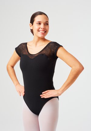 Black ballet leotard with lace short sleeves, scoop neckline, and fitted bodice; paired with light pink tights. Smooth fabric, minimal design.