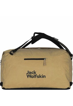 Bolsa de viaje rectangular beige con bolsillo con cremallera negra y correa para el hombro, mostrando el nombre de la marca "Jack Wolfskin" en el frente.