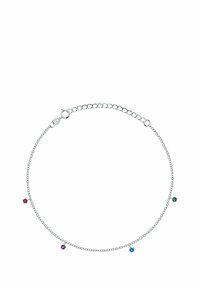 Braccialetto in argento a catena con quattro piccole pietre preziose colorate in rosso, blu, verde e viola, equidistanziate lungo il design.