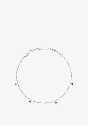 Zilveren kettingarmband met vier kleine, gekleurde edelstenen in rood, blauw, groen en paars, gelijkmatig verdeeld over het ontwerp.