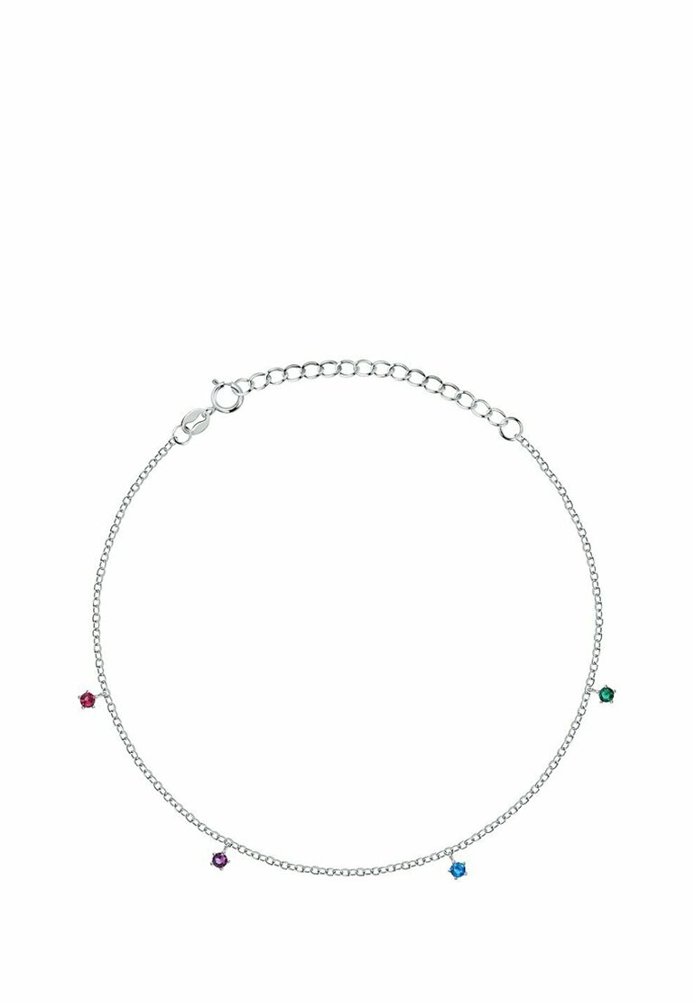 Braccialetto in argento a catena con quattro piccole pietre preziose colorate in rosso, blu, verde e viola, equidistanziate lungo il design.