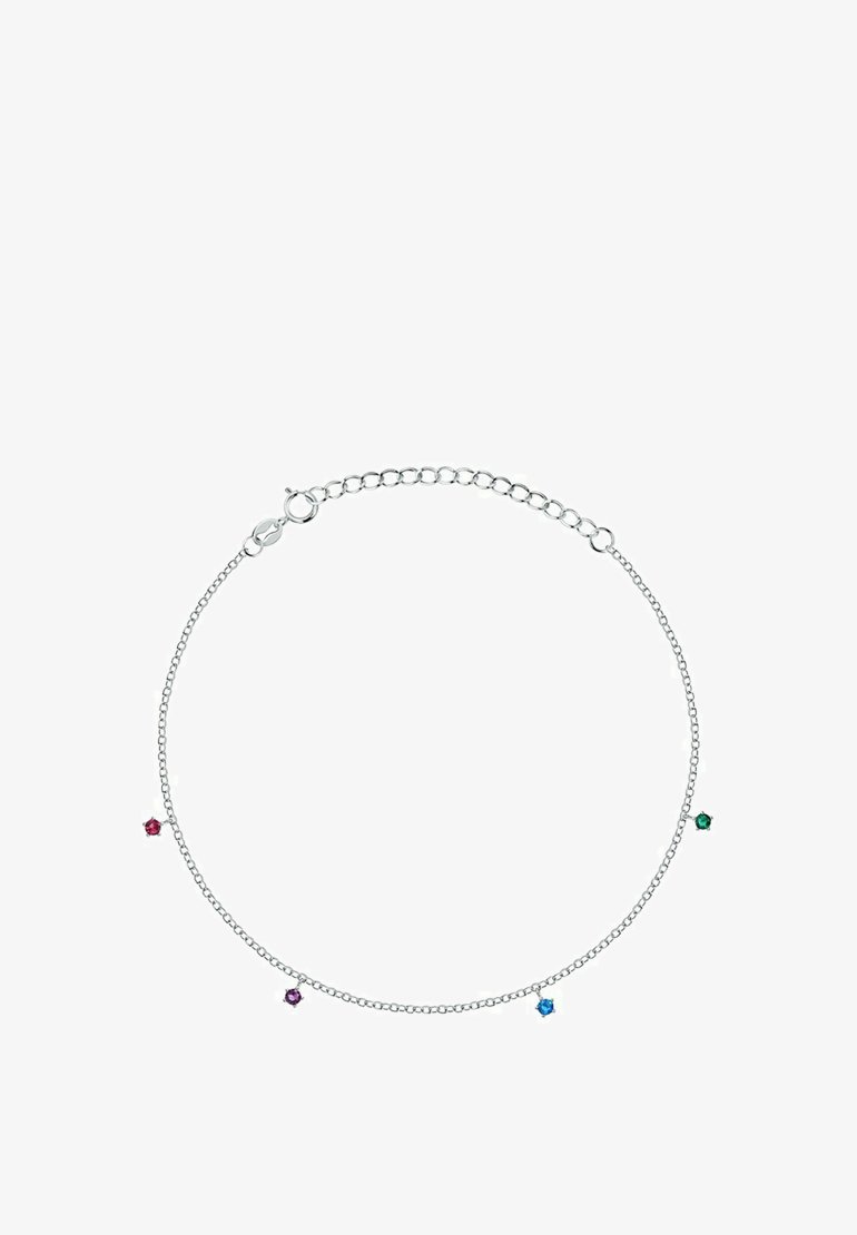 Braccialetto in argento a catena con quattro piccole pietre preziose colorate in rosso, blu, verde e viola, equidistanziate lungo il design.