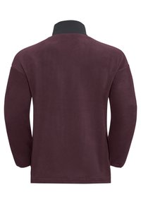 Maroon fleece pullover with a black stand-up collar, long sleeves, and a soft texture. Features a straight hem and no visible fastenings.