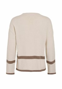 Pull beige à manches longues, col côtelé, rayures horizontales marron au milieu et coupe décontractée. Texture douce.