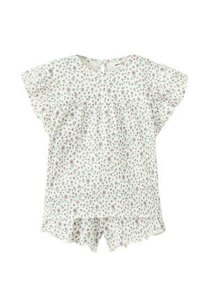 Tutina bianca a maniche corte con piccola stampa floreale viola e verde, scollo rotondo e chiusura con bottoni sul retro.